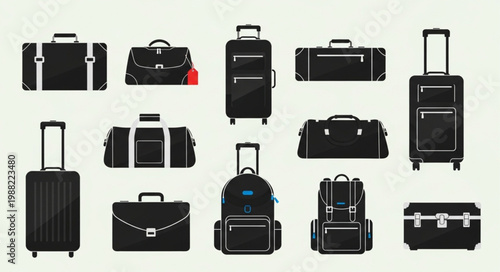 Collection of black luggage and bags for travel.