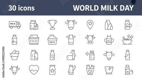 World milk day icons set with dairy products and beverage symbols collection