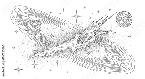 Cosmic illustration of a comet traversing the galaxy with planets and stars