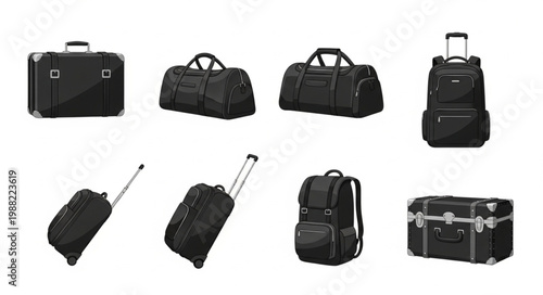 Collection of black luggage and travel bags isolated on white background.