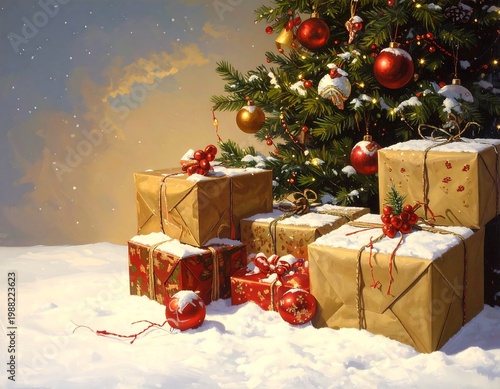 Festive holiday scene with snow-covered presents and ornaments under a decorated evergreen