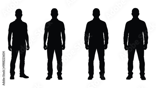 Four silhouetted men standing in a row viewed from the front