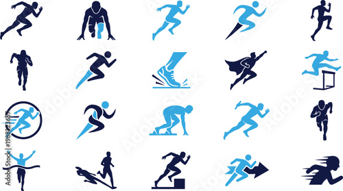 Dynamic blue running icons and action symbols on white background.