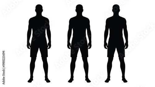 Three identical black silhouettes of men standing in a row facing forward