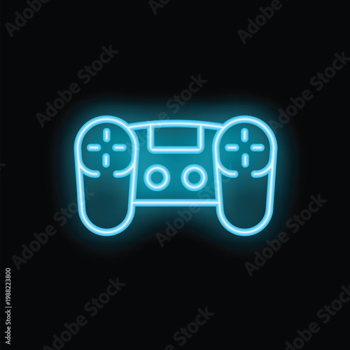 Blue neon sign in the shape of a video game controller is glowing on a black background