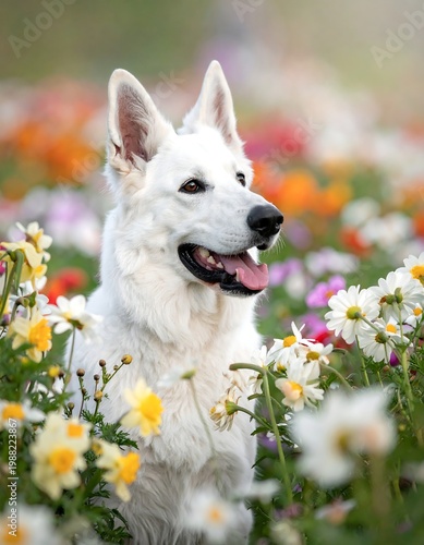 A white dog sits amidst a colorful field of blooming flowers, with the sunlight softly illuminating the scene