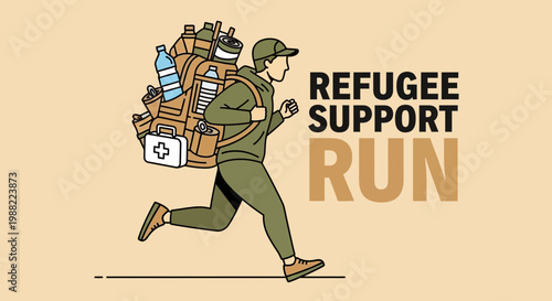 Graphic Illustration Depicting Refugee Struggle, Support, Community, And Aid During A Run