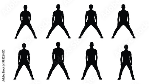 Eight silhouettes of people stretching facing forward in a symmetrical arrangement