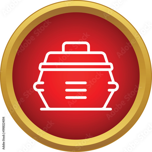 Multicooker kitchen appliance vector icon with a white outline on a red circular background