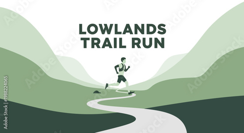 Graphic Representation Of A Man Running On A Trail Through A Serene Landscape