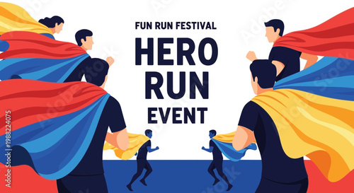 Hero Run Event Banner Featuring Superheroes And Fun Run Festival Design Graphics