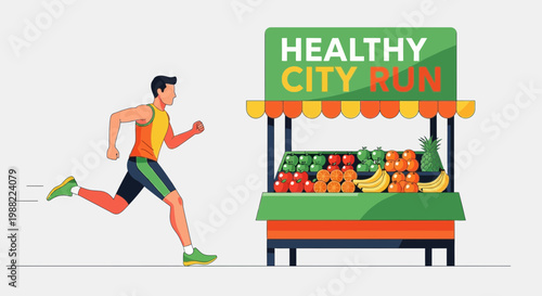 Healthy City Run: A Runner Near Fruit Stand, Promoting Wellness And Wellbeing Lifestyle