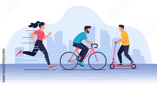 Healthy City Living Depicted with Activities, Modern Lifestyle, and Energetic Movement