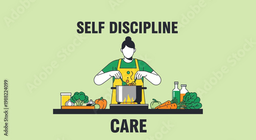 Healthy Cooking Representing Self Discipline and Healthcare in a Flat Cartoon Style Illustration
