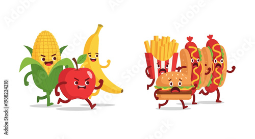 Healthy Food Running Away From Junk Food: Concept Of Dieting And Healthy Lifestyle