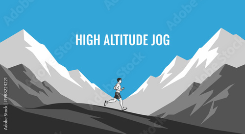 High Altitude Jogging Scenic View with Mountains and Man Running in a Stylish Cartoon