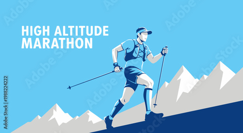 High Altitude Marathon Runner Ascending Snowy Mountain Peaks