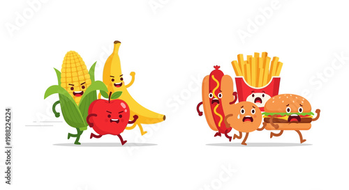 Healthy Foods Triumph Over Unhealthy Fast Foods in a Whimsical, Illustrated Cartoon