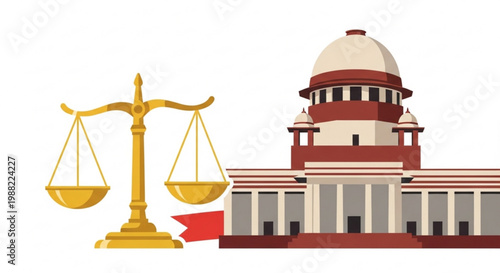 Scales of justice and Supreme Court building illustration symbolizing law and order legal concept for justice and government isolated on white