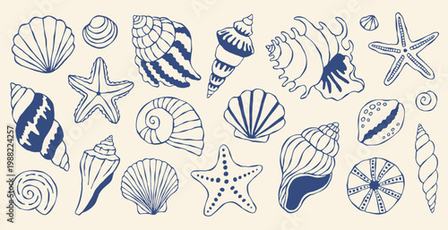 Mediterranean seashells vector set featuring blue hand drawn marine icons. Elegant nautical starfish and sea shells collection for coastal branding and summer design projects. Vector art set