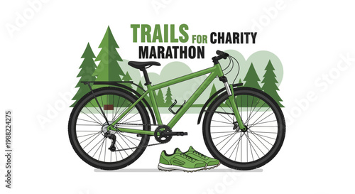Green Bicycle And Sneakers With Forest Trails Charity Marathon Text