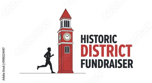 Historic District Fundraiser Event Featuring Clock Tower and Runner Silhouette Illustration