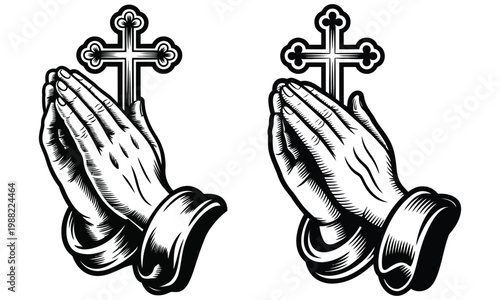 Praying hands with cross illustration symbolizing christian faith and religious devotion