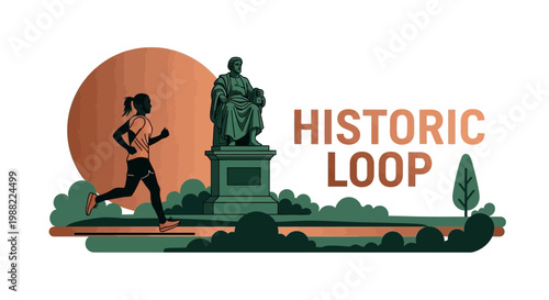 Historic Loop Trail: Jogger Running Past Historic Statue in Park Silhouette Illustration