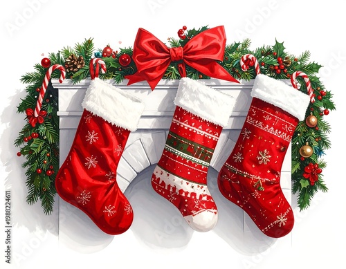 Festive illustration featuring three vibrant red stockings hanging above a fireplace, adorned with ornaments and a decorative garland