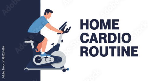 Home Fitness: Man Energetically Cycling in a Digital Illustration with a Workout Plan