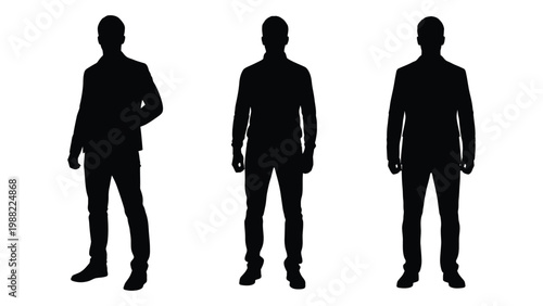 Three silhouetted men in suits stand facing forward against a white background