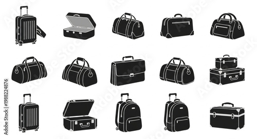 Collection of various travel bags and luggage in black and white.