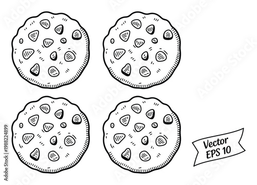 Hand-drawn of four chocolate chip cookies on a white background