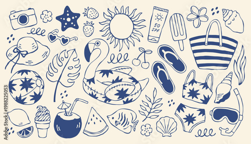 Mediterranean summer vector set with beach icons and tropical elements. Hand drawn blue travel illustrations featuring flamingo, sun and fruits for modern vacation branding and coastal design