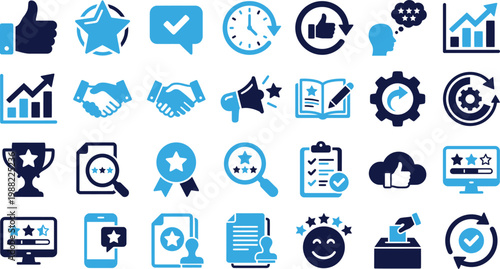Customer satisfaction and feedback icons set rating review approval and success symbols.