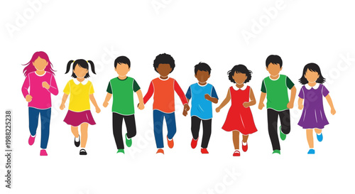 Group Of Diverse Children Running And Holding Hands, Happiness And Togetherness