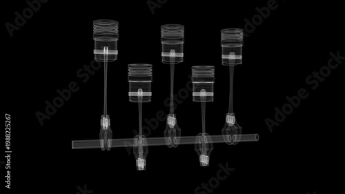 Wireframe Car Engine with Five Cylinders and Rotating Crankshaft on Black Background - 3d 4k animation (3840 x 2160 px)