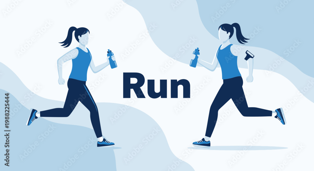 Fototapeta premium Healthy Lifestyle Concept Depicting Two Women Jogging With Water Bottles And Running App