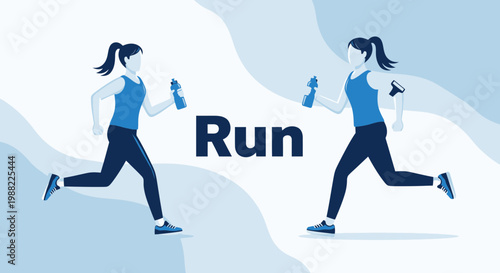 Healthy Lifestyle Concept Depicting Two Women Jogging With Water Bottles And Running App