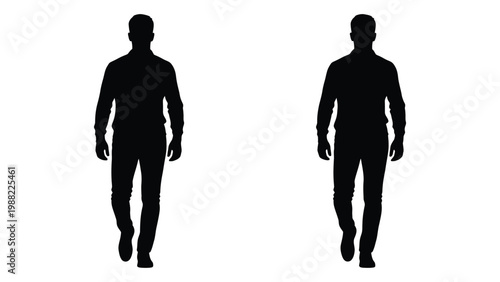 Two silhouetted figures of men walking forward against a stark white background