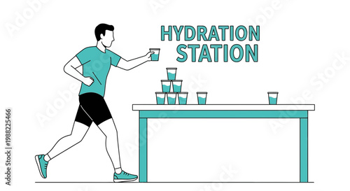 Hydration Station Concept: Runner Reaching For a Drink, Water Cups On Table, Clear Illustration