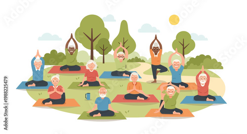Group Of Elders Doing Yoga Outdoors To Improve Health And Well-being In Peaceful Park