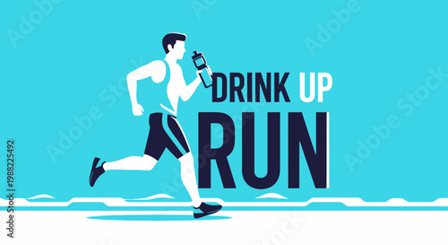 Healthy Lifestyle Concept Illustrated: Runner with Water Bottle Against Vibrant Blue Background