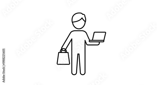 Person holding laptop and shopping bag.