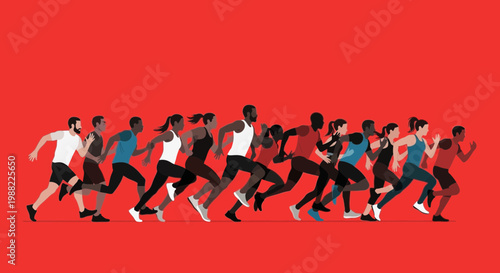 Group Of People Running in a Race With a Red Background, Modern Design