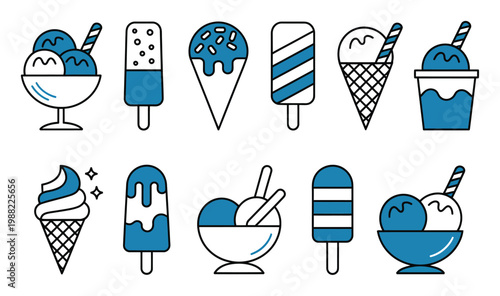 Blue and White Ice Cream Vector Illustration Set
