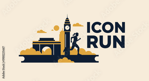 Iconic City Run Depicting Fitness Silhouette With Historical Architectural Landmarks