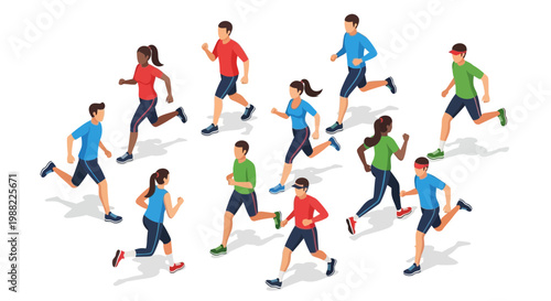 Group Of People Running In Different Colors Depicted In Isometric View