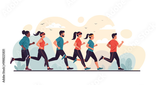Group Of People Running Together During Daylight Hours In Vector Illustration