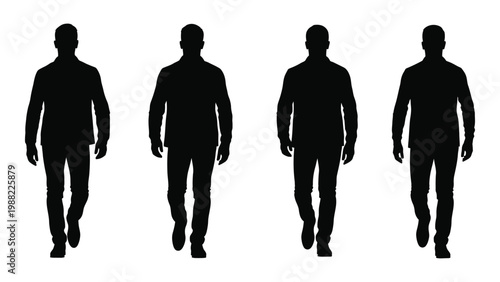 Four silhouetted men standing in a row facing forward with hands at their sides